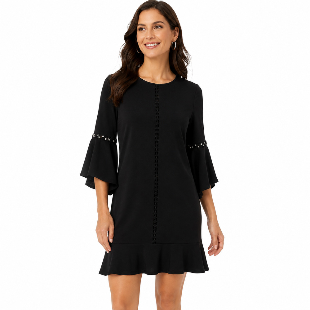 NWT White House Black Market Black Shift Dress Size US 6P Bell Sleeve Cocktail